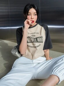 DAZY Letter Graphic Contrast Raglan Sleeve Crop Tee Summer Preppy Tops - Khaki - View 8
