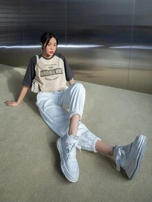 DAZY Letter Graphic Contrast Raglan Sleeve Crop Tee Summer Preppy Tops - Khaki - View 4