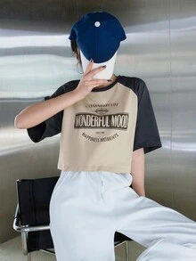 DAZY Letter Graphic Contrast Raglan Sleeve Crop Tee Summer Preppy Tops - Khaki - View 7
