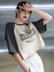 DAZY Letter Graphic Contrast Raglan Sleeve Crop Tee Summer Preppy Tops - Khaki - View 10