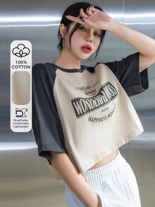 DAZY Letter Graphic Contrast Raglan Sleeve Crop Tee Summer Preppy Tops - Khaki - View 1
