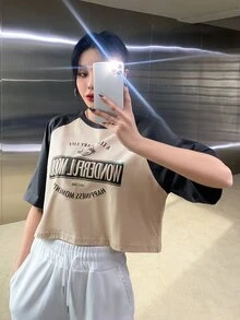 DAZY Letter Graphic Contrast Raglan Sleeve Crop Tee Summer Preppy Tops - Khaki - View 5