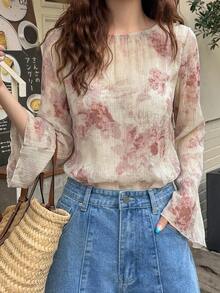 DAZY Women's Textured Floral Print Flare Sleeve Casual Blouse For Holiday, Spring & Summer Sheer Long Sleeve Top Easter - Pink - View 9