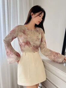 DAZY Women's Textured Floral Print Flare Sleeve Casual Blouse For Holiday, Spring & Summer Sheer Long Sleeve Top Easter - Pink - View 5