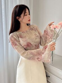 DAZY Women's Textured Floral Print Flare Sleeve Casual Blouse For Holiday, Spring & Summer Sheer Long Sleeve Top Easter - Pink - View 4