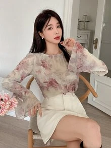 DAZY Women's Textured Floral Print Flare Sleeve Casual Blouse For Holiday, Spring & Summer Sheer Long Sleeve Top Easter - Pink - View 3
