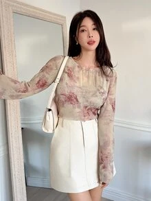 DAZY Women's Textured Floral Print Flare Sleeve Casual Blouse For Holiday, Spring & Summer Sheer Long Sleeve Top Easter - Pink - View 6