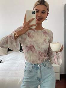 DAZY Women's Textured Floral Print Flare Sleeve Casual Blouse For Holiday, Spring & Summer Sheer Long Sleeve Top Easter - Pink - View 10