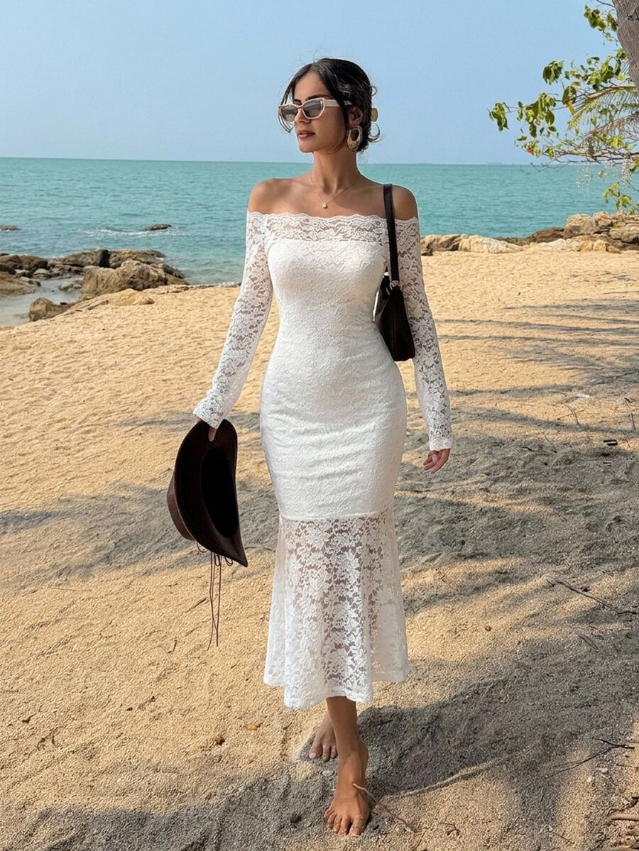 DAZY Women's Lace Panel Long Party Dress Elegant,Ruffle,Fall Dress Long Sleeve Dress Off Shoulder Top Maxi Dress - White - View 1