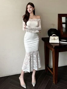 DAZY Women's Lace Panel Long Party Dress Elegant,Ruffle,Fall Dress Long Sleeve Dress Off Shoulder Top Maxi Dress - White - View 2