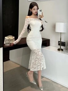 DAZY Women's Lace Panel Long Party Dress Elegant,Ruffle,Fall Dress Long Sleeve Dress Off Shoulder Top Maxi Dress - White - View 4
