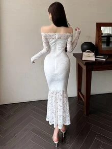 DAZY Women's Lace Panel Long Party Dress Elegant,Ruffle,Fall Dress Long Sleeve Dress Off Shoulder Top Maxi Dress - White - View 5