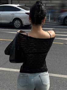 DAZY Women's Lace Sheer Asymmetric Shoulder Blouse, Spring/Summer Long Sleeve Women Tops,Fall Women Clothes - Black - View 2