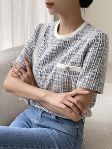 DAZY Textured Pocket Decor Round Neck Slim Fitted Short Sleeve Women's T-Shirt,Fall Clothes Plaid - Multicolor - View 2