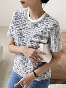 DAZY Textured Pocket Decor Round Neck Slim Fitted Short Sleeve Women's T-Shirt,Fall Clothes Plaid - Multicolor - View 6