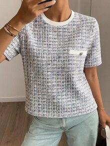DAZY Textured Pocket Decor Round Neck Slim Fitted Short Sleeve Women's T-Shirt,Fall Clothes Plaid - Multicolor - View 8