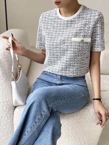 DAZY Textured Pocket Decor Round Neck Slim Fitted Short Sleeve Women's T-Shirt,Fall Clothes Plaid - Multicolor - View 3