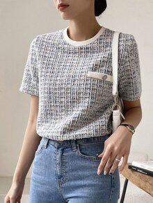 DAZY Textured Pocket Decor Round Neck Slim Fitted Short Sleeve Women's T-Shirt,Fall Clothes Plaid - Multicolor - View 4
