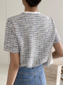 DAZY Textured Pocket Decor Round Neck Slim Fitted Short Sleeve Women's T-Shirt,Fall Clothes Plaid - Multicolor - View 5