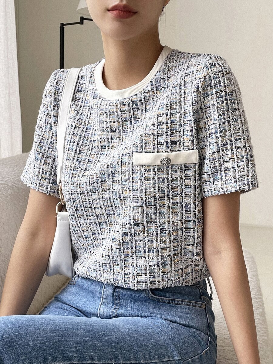 DAZY Textured Pocket Decor Round Neck Slim Fitted Short Sleeve Women's T-Shirt,Fall Clothes Plaid - Multicolor - View 1