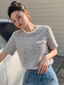 DAZY Textured Pocket Decor Round Neck Slim Fitted Short Sleeve Women's T-Shirt,Fall Clothes Plaid - Multicolor - View 7