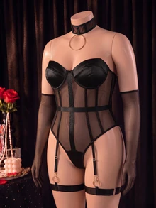 Seduluxe 6-Piece Metal Circle Design Sexy Bra Sets - Black - View 3