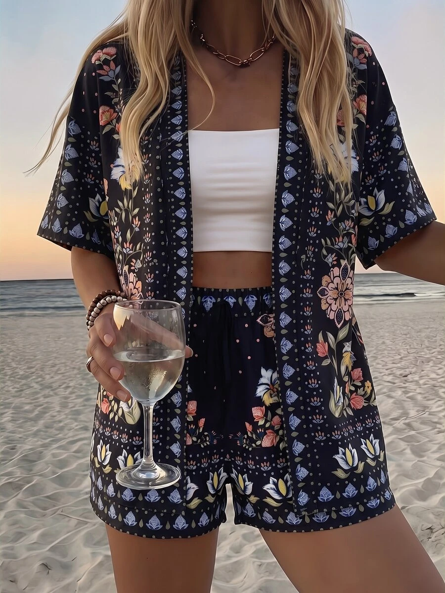 Vivid Eden Women's Vacation Floral Print Open Front Short Sleeve Kimono Shirt And Shorts 2 Pieces Set - Black - View 1