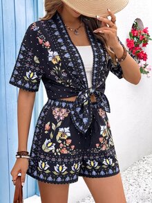 Vivid Eden Women's Vacation Floral Print Open Front Short Sleeve Kimono Shirt And Shorts 2 Pieces Set - Black - View 7