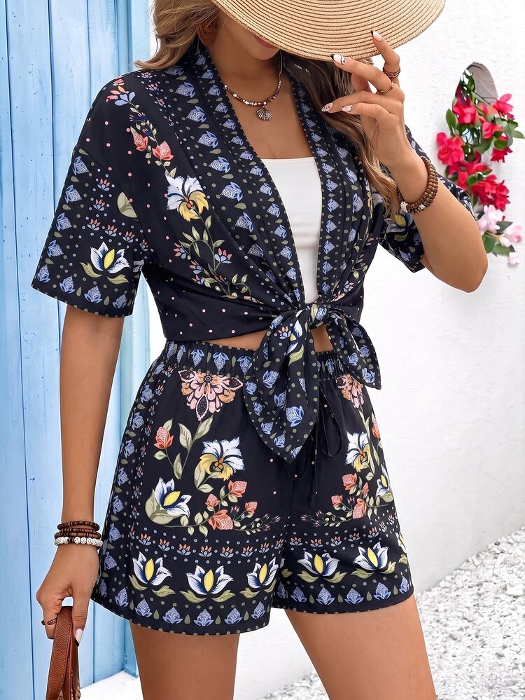 Vivid Eden Women's Vacation Floral Print Open Front Short Sleeve Kimono Shirt And Shorts 2 Pieces Set - Black - View 7