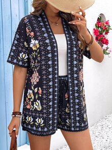 Vivid Eden Women's Vacation Floral Print Open Front Short Sleeve Kimono Shirt And Shorts 2 Pieces Set - Black - View 6