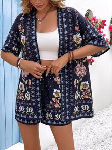 Vivid Eden Women's Vacation Floral Print Open Front Short Sleeve Kimono Shirt And Shorts 2 Pieces Set - Black - View 3