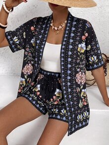 Vivid Eden Women's Vacation Floral Print Open Front Short Sleeve Kimono Shirt And Shorts 2 Pieces Set - Black - View 4