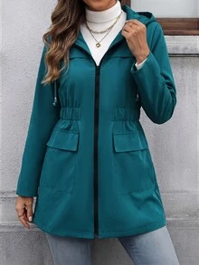 EMERY ROSE Women's Autumn/Winter Colorblock Zipper Pocket Waist-Cinching Mid-Length Jacket Everyday Holiday Night Petrol Blue Casual Daytime Travel Puerto Rico - Teal Blue - View 2