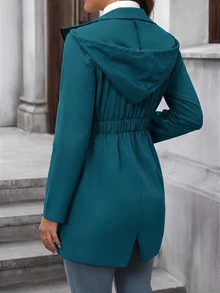 EMERY ROSE Women's Autumn/Winter Colorblock Zipper Pocket Waist-Cinching Mid-Length Jacket Everyday Holiday Night Petrol Blue Casual Daytime Travel Puerto Rico - Teal Blue - View 5