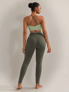 Nuvra Women's Blue-Grey Backless 2 Pieces Leggings Sports Set For Yoga, Jogging, Pilates - Green - View 2