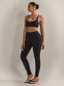 Nuvra Women's Black Dogtooth Square Neck 2 Pieces Leggings Sports Set For Yoga, Jogging, Pilates - Black - View 4