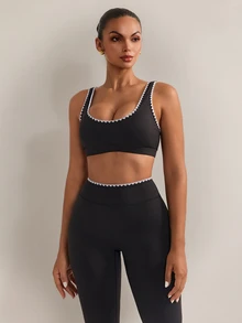 Nuvra Women's Black Dogtooth Square Neck 2 Pieces Leggings Sports Set For Yoga, Jogging, Pilates - Black - View 6