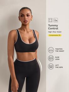 Nuvra Women's Black Dogtooth Square Neck 2 Pieces Leggings Sports Set For Yoga, Jogging, Pilates - Black - View 1