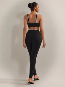 Nuvra Women's Black Dogtooth Square Neck 2 Pieces Leggings Sports Set For Yoga, Jogging, Pilates - Black - View 2