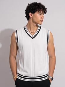 NORVETH Men Striped Trim Sweater Vest, For Tennis, Couple Things - White - View 2