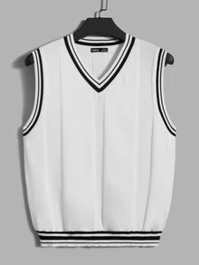 NORVETH Men Striped Trim Sweater Vest, For Tennis, Couple Things - White - View 3