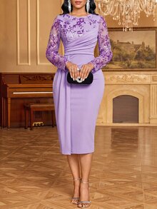 SHEIN Lady Women's Elegant Party Sequin Embroidered Mesh Patchwork Long Dress - Purple - View 6
