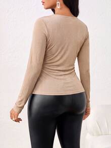 SHEIN Lady Women's Elegant Solid Color Wrap Top For Autumn Commuting - Khaki - View 2