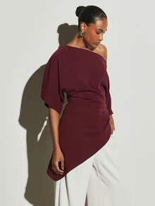 KSTM Asymmetric One-Shoulder Batwing Blouse With Ruched Waist And High-Low Draped Hem For Evening Dinner Party Night Holiday Burgundy Autumn Winter Elegant - Purple - View 1