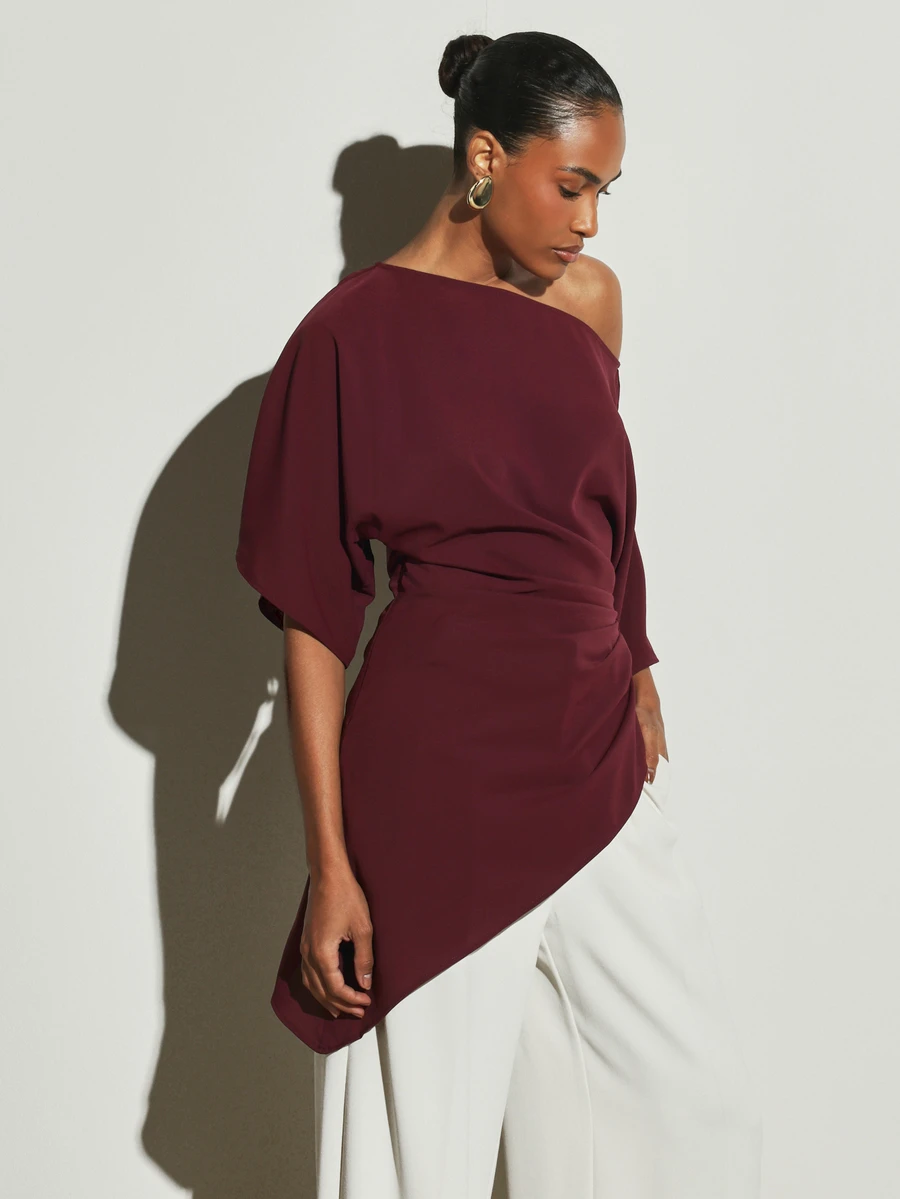 KSTM Asymmetric One-Shoulder Batwing Blouse With Ruched Waist And High-Low Draped Hem For Evening Dinner Party Night Holiday Burgundy Autumn Winter Elegant - Purple - View 1