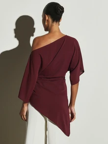 KSTM Asymmetric One-Shoulder Batwing Blouse With Ruched Waist And High-Low Draped Hem For Evening Dinner Party Night Holiday Burgundy Autumn Winter Elegant - Purple - View 5