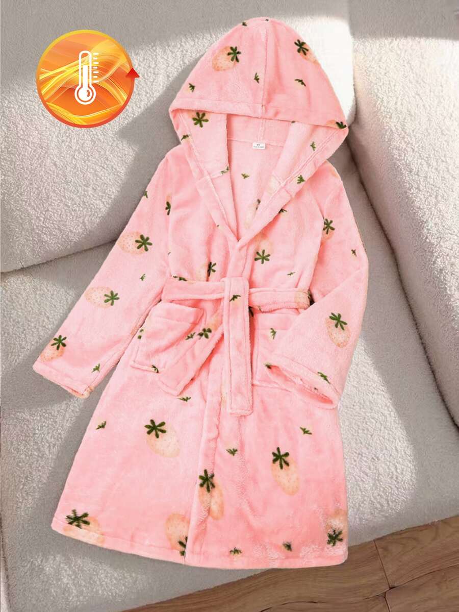 SHEIN Tween Girls Pajamas, New Autumn/Winter Pink Base Red Cherry Print Long Sleeve Hooded Robe, Warm And Comfortable Casual Homewear, Ins Popular Cherry Sweet Style, Suitable For Sister Matching - Baby Pink - View 1