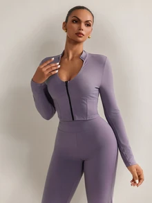 Nuvra Women's Purple Jacket Leggings 2 Pieces Set, Sports Outfit For Yoga, Jogging, Pilates Gym Autumn Athletic Modest - Purple - View 3