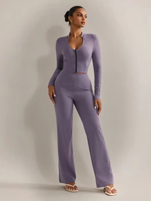 Nuvra Women's Purple Jacket Leggings 2 Pieces Set, Sports Outfit For Yoga, Jogging, Pilates Gym Autumn Athletic Modest - Purple - View 4