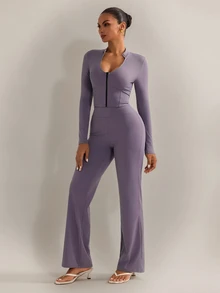 Nuvra Women's Purple Jacket Leggings 2 Pieces Set, Sports Outfit For Yoga, Jogging, Pilates Gym Autumn Athletic Modest - Purple - View 6